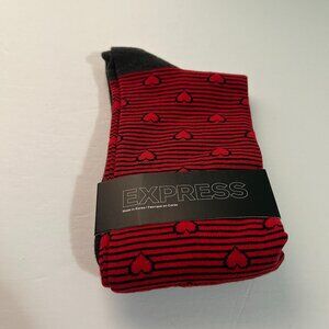 Express Dress Socks Crew Valentine's Day Hearts Stripes Red Gray Men's Size 8-12